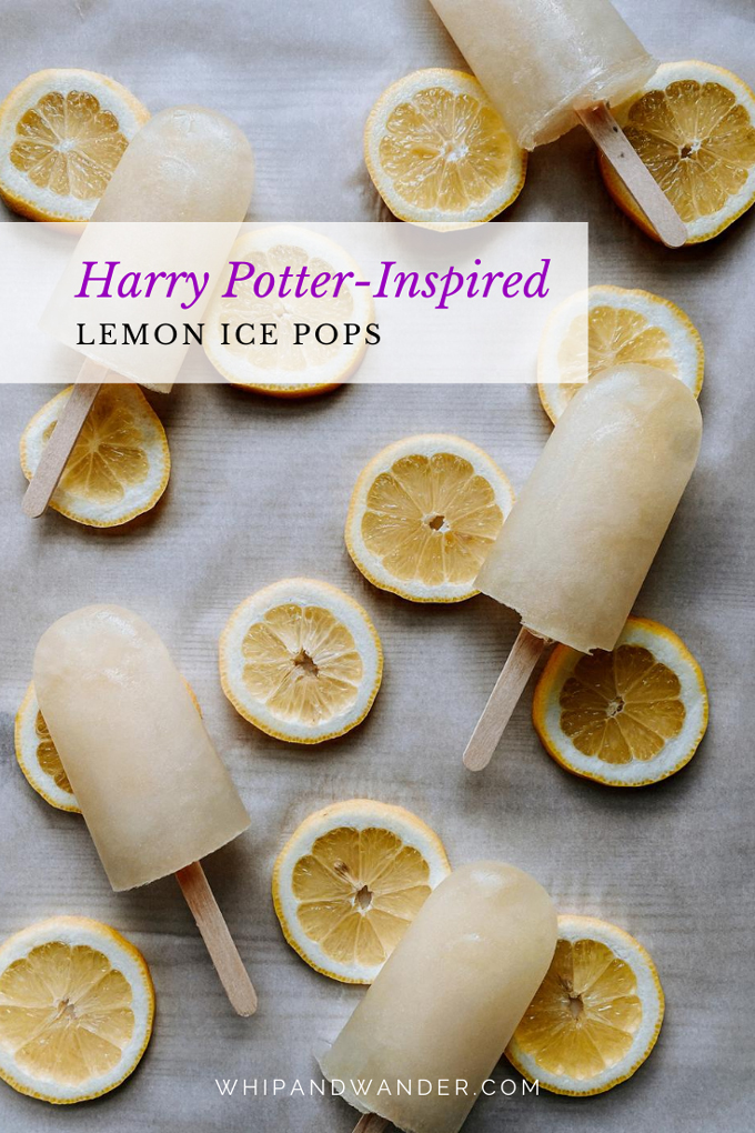 harry potter inspired lemon ice pops resting on lemon slices with a title banner in purple over the top stating the name