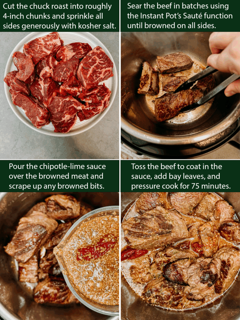Step-by-step photos showing how to cut, season, sear, and add sauce to beef in the Instant Pot.