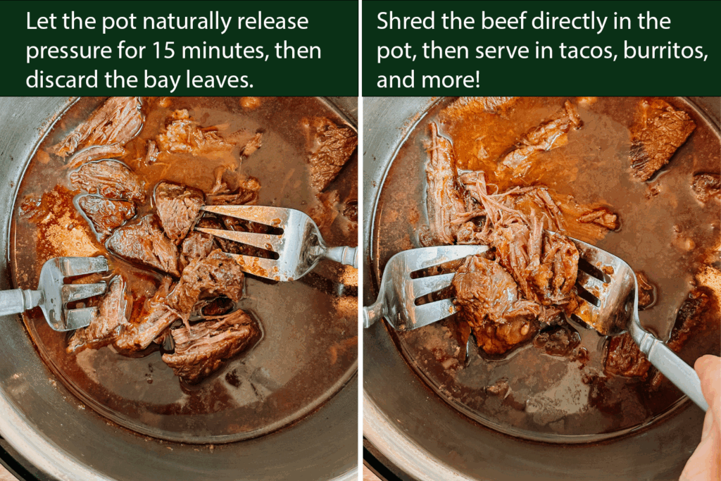 Photos of cooked barbacoa beef in the Instant Pot being shredded after natural pressure release.