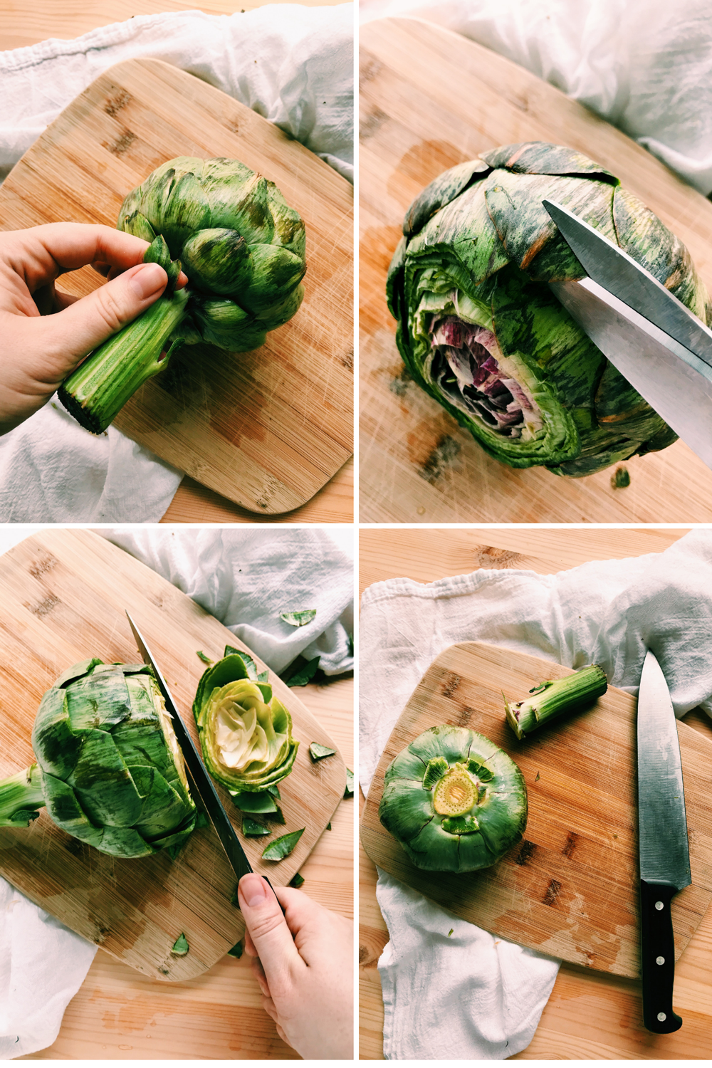 prepping artichokes by removing leaves, snipping tips, cutting the tops off and cutting the stem