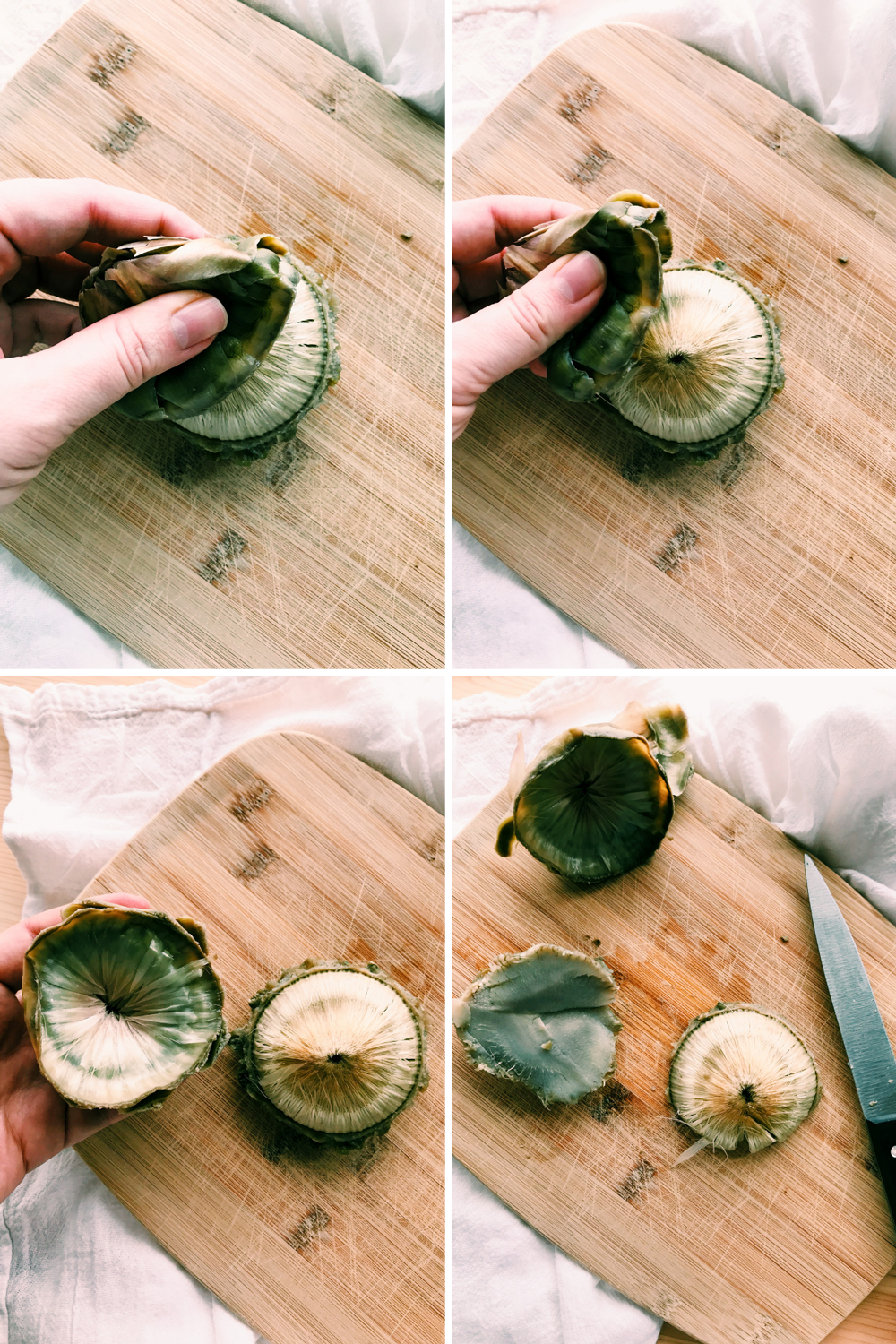 removing leaves and choke from the center of an artichoke