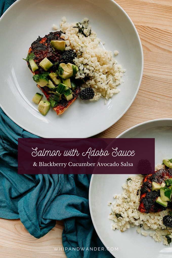 two white bowl filled with cauliflower rice and seared salmon with adobo sauce and a salsa made from blackberries, cucumbers, and avocado