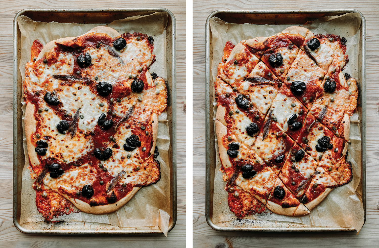 two baking sheets showing an uncut Pizza Puttanesca and the same pizza after it has been cut into pieces