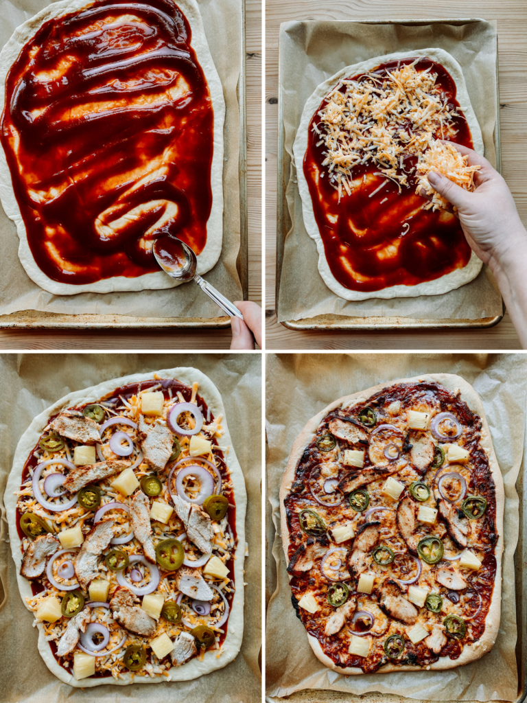 A quadrant of 4 images showing bbq chicken pizza being assembled and after baking