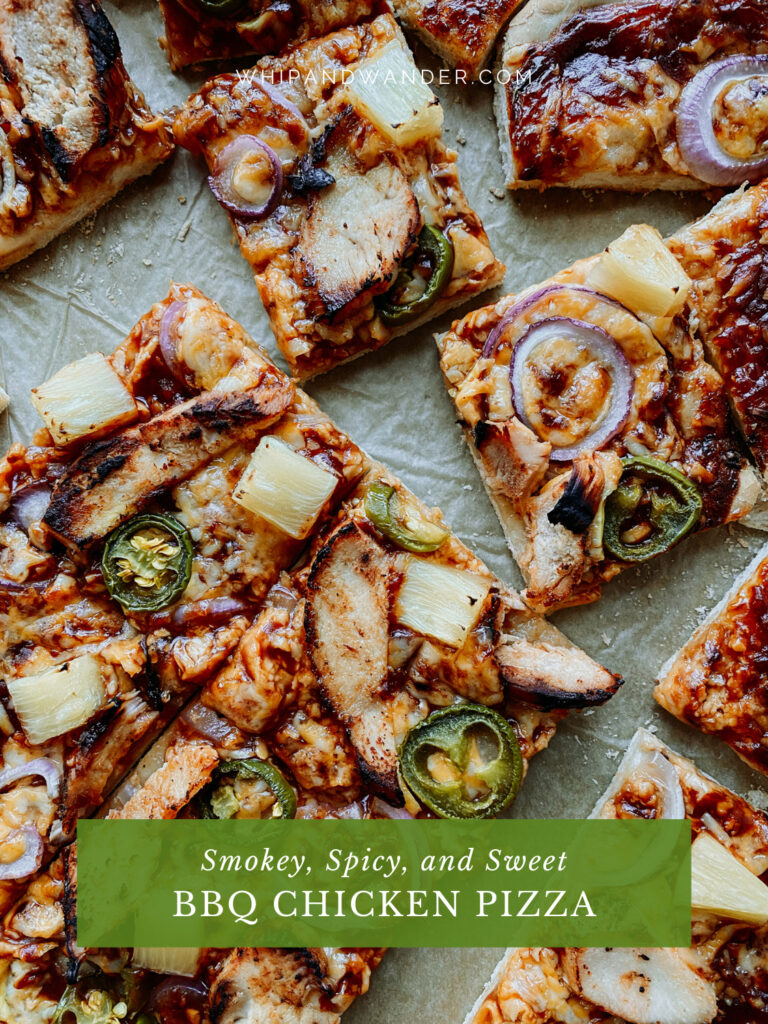 square slices of BBQ Chicken Pizza with pineapple, red onions, and jalapenos
