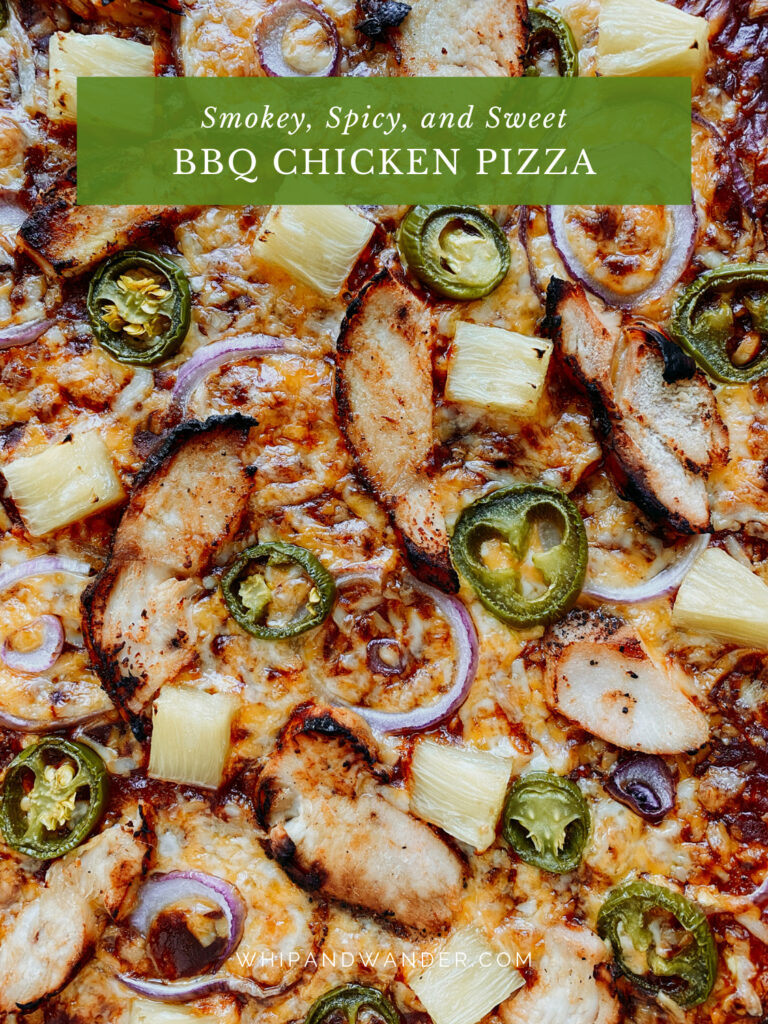 a jalapeno, pineapple, and red onion-topped BBQ Chicken Pizza
