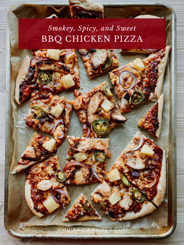 slices of pizza with bbq chicken, bbq sauce, red onion, pineapple, and jalapenos