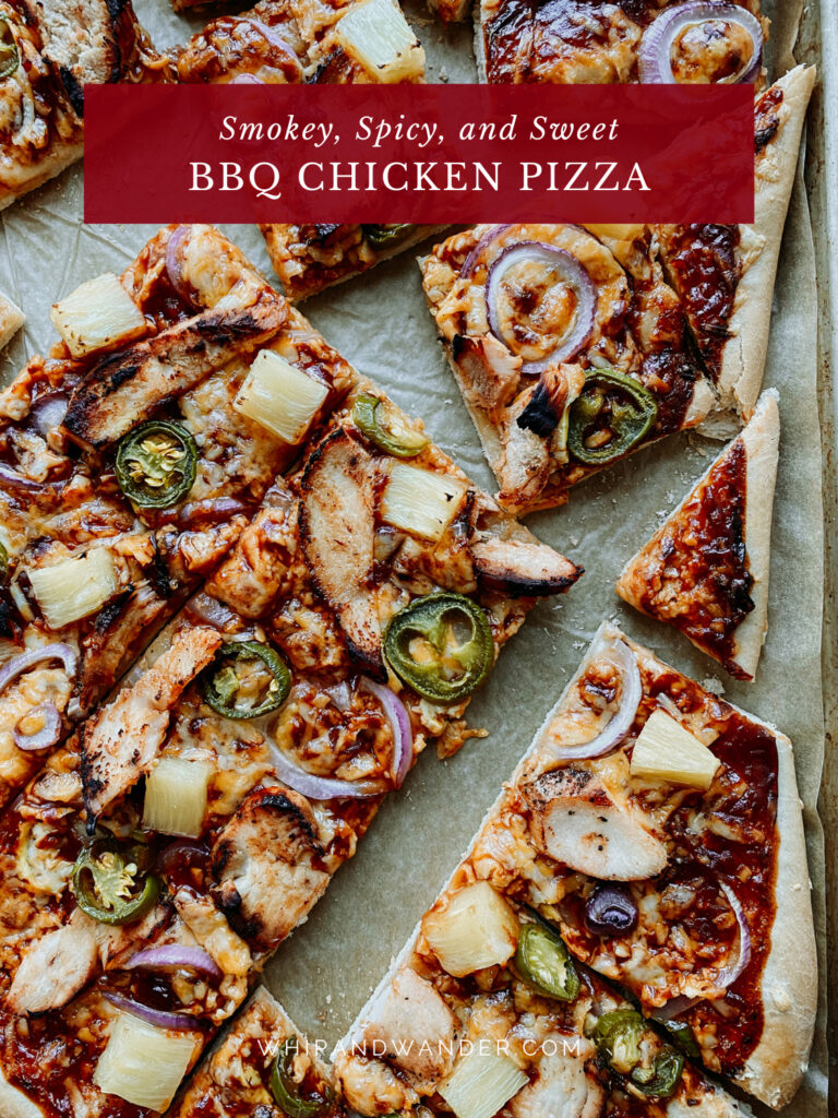 pizza with slices of bbq chicken, bbq sauce, veggies, and pineapple