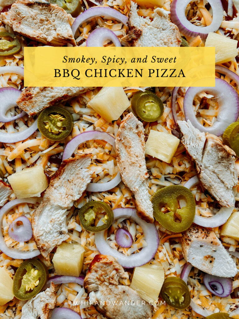 pineapple chunks, slices of jalapeno, chicken slices, onions slices on a cheese and bbq sauce pizza