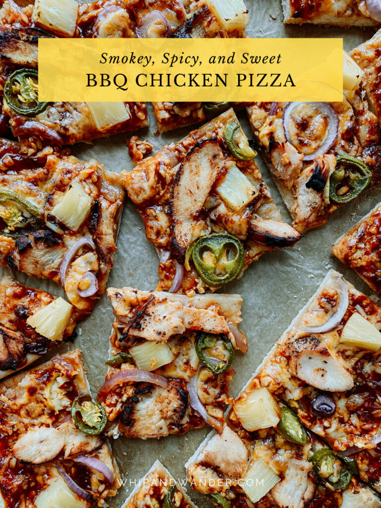 pineapple chunks, bbq chicken, sauce, jalapenos, cheese, and onions on square pieces of pizza