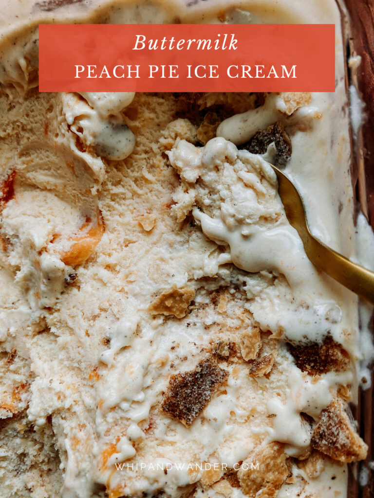 a gold spoon scooping a spoonful of Buttermilk Peach Pie Ice Cream