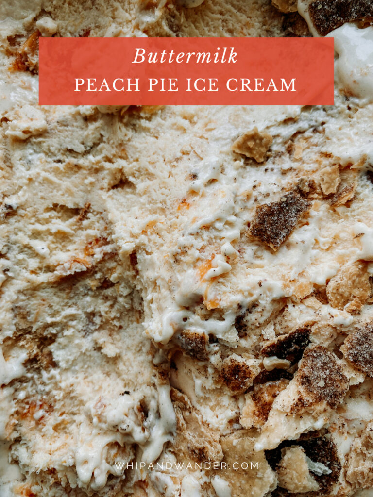 flecks of cinnamon pie crust and peaches in a buttermilk ice cream base