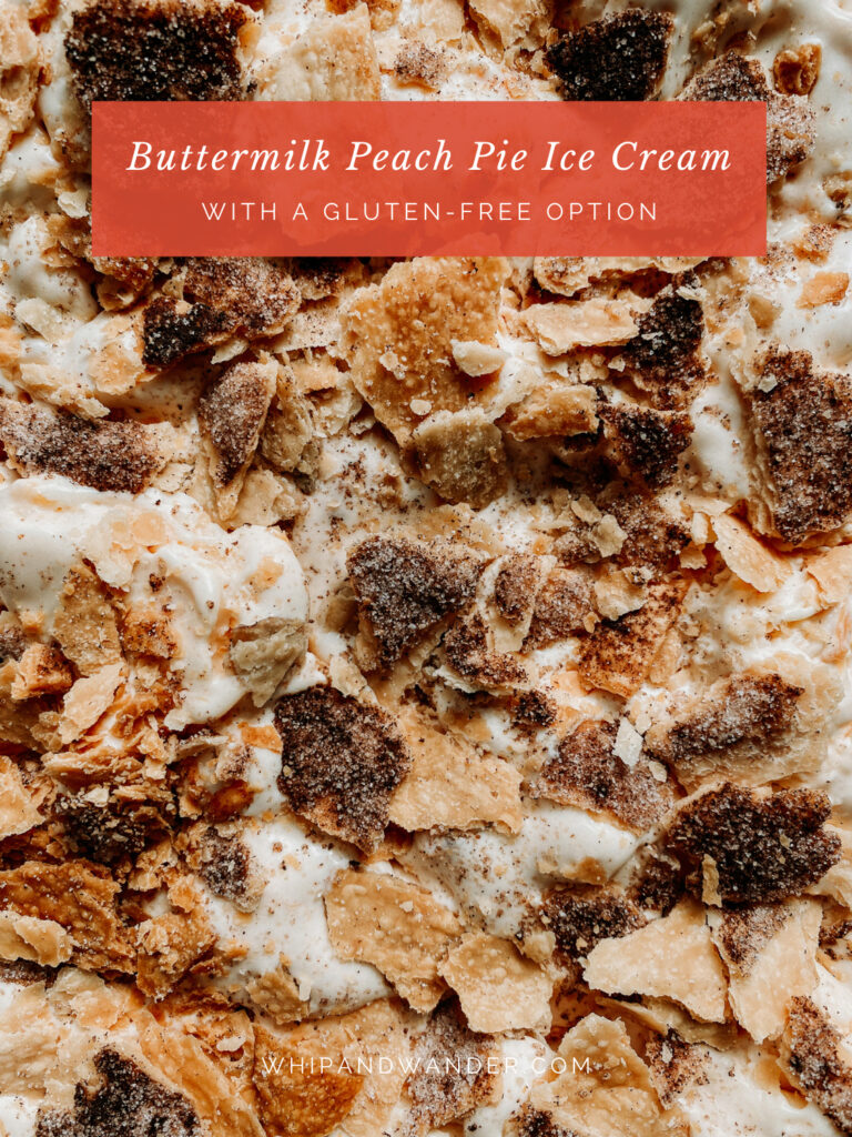Buttermilk Peach Pie Ice Cream with chunks of cinnamon sugar pie crust dotted within