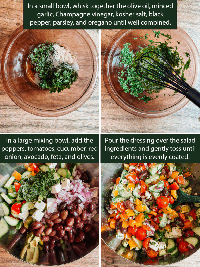 step by step making greek salad with avocado and feta showing whisked dressing, chopped vegetables, and tossing the salad together in a bowl