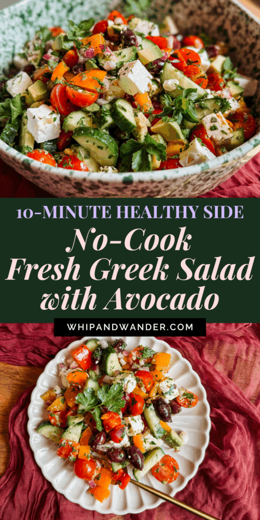 greek salad with avocado, feta, cucumbers, cherry tomatoes, and olives served in a large bowl and plated on a dish