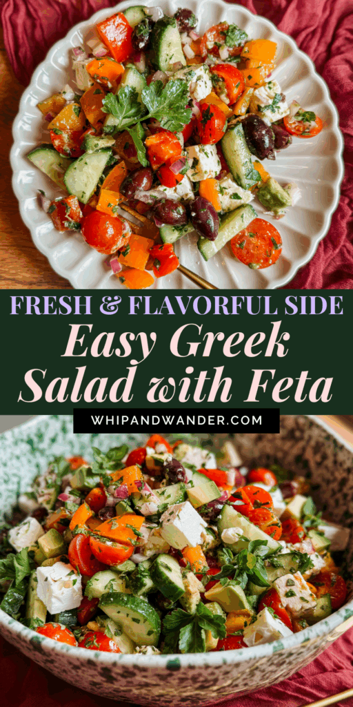 greek salad with cucumbers, bell peppers, cherry tomatoes, olives, avocado, and feta on a white scalloped plate