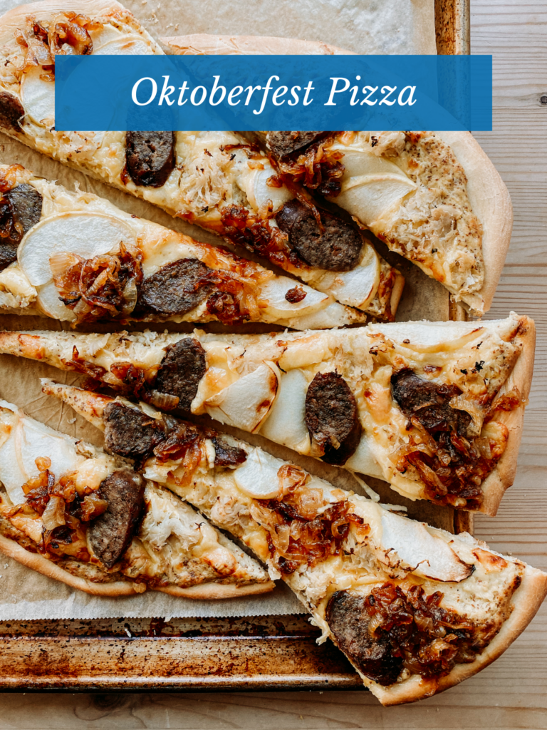 a baking sheet with oktoberfest pizza slices on top