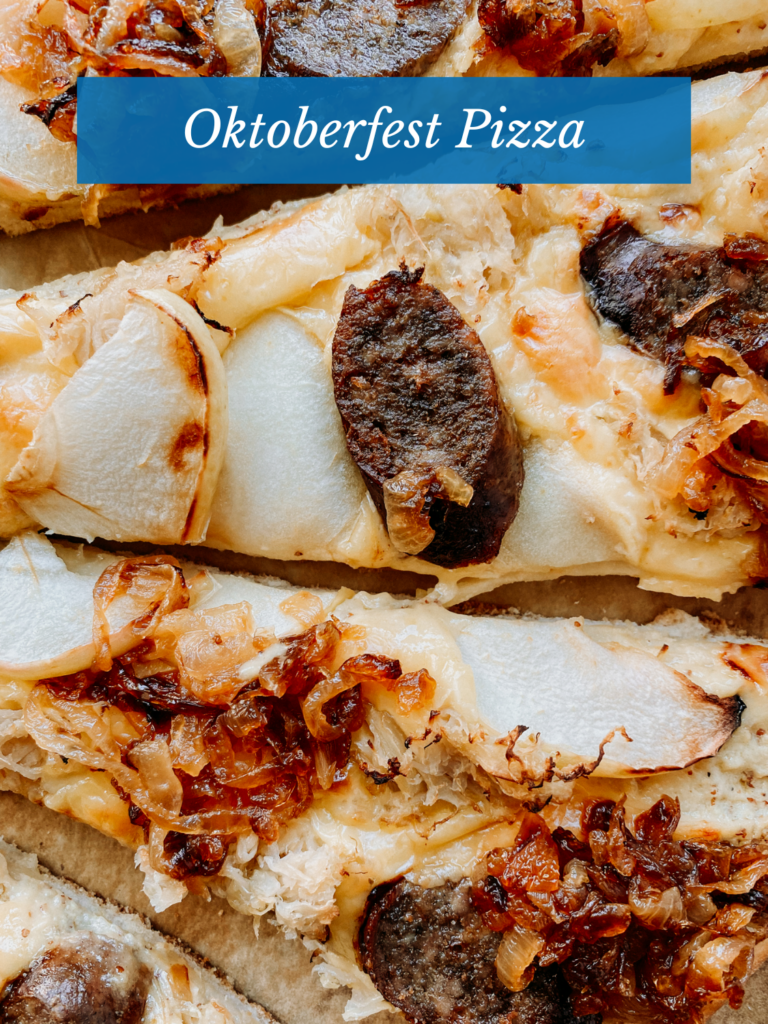 sliced bratwurst, slices apples, caramelized onions, sauerkraut on pizza slices