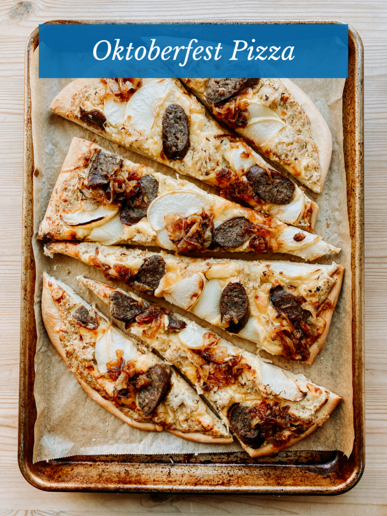 6 slices of oktoberfest pizza on a baking sheet
