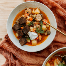 Sausage, Potato, and Sauerkraut Soup with Rye Croutons-image
