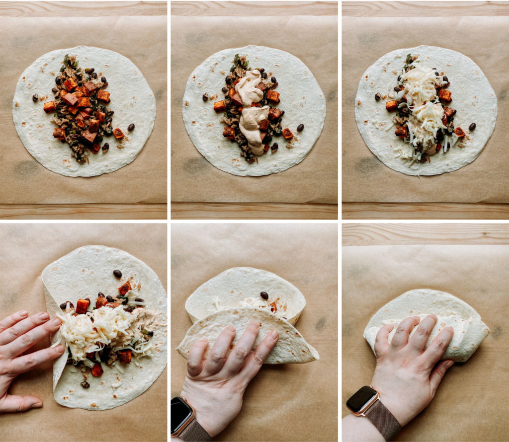 a series of 6 images showing an enchilada being filled and rolled
