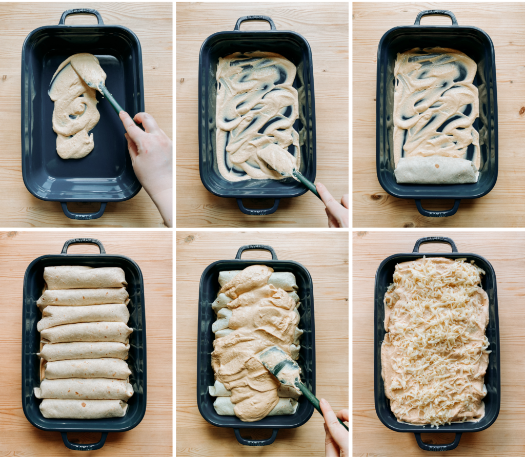 a series of 6 images showing a pan being filled with enchiladas