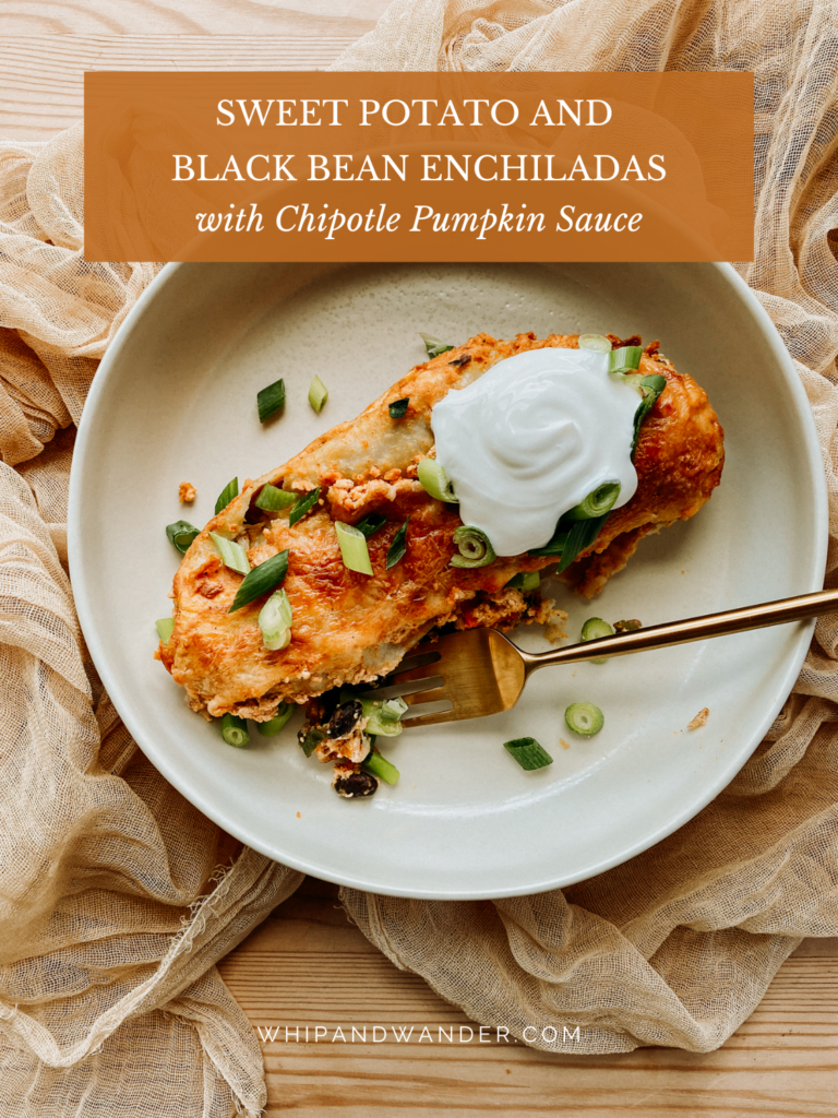 a gold fork resting in a shallow bowl with a sweet potato enchilada