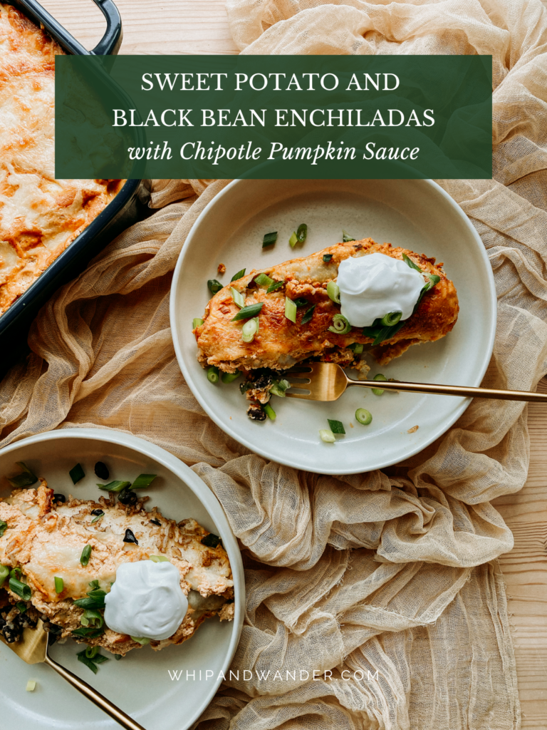 two bowls with vegetarian sweet potato enchiladas in them on a tan cloth