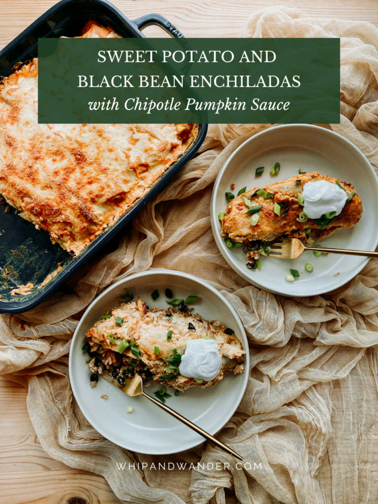 two tan bowls with enchiladas resting on a gauzy tan cloth