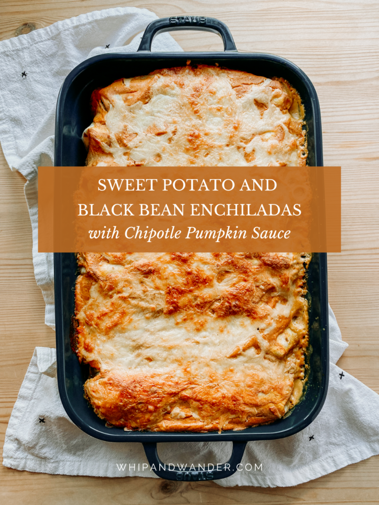 a pan of vegetarian black bean and sweet potato enchiladas