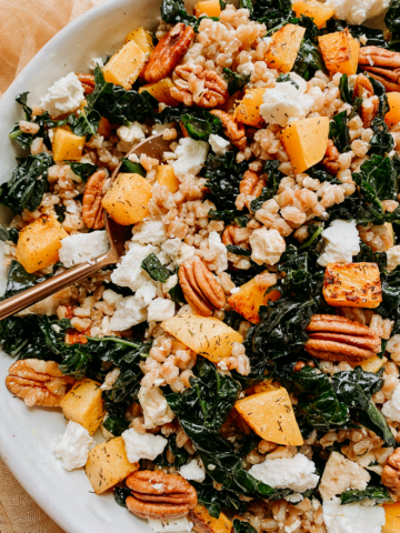 a salad mix of feta, pecans, kale, butternut squash, and farro