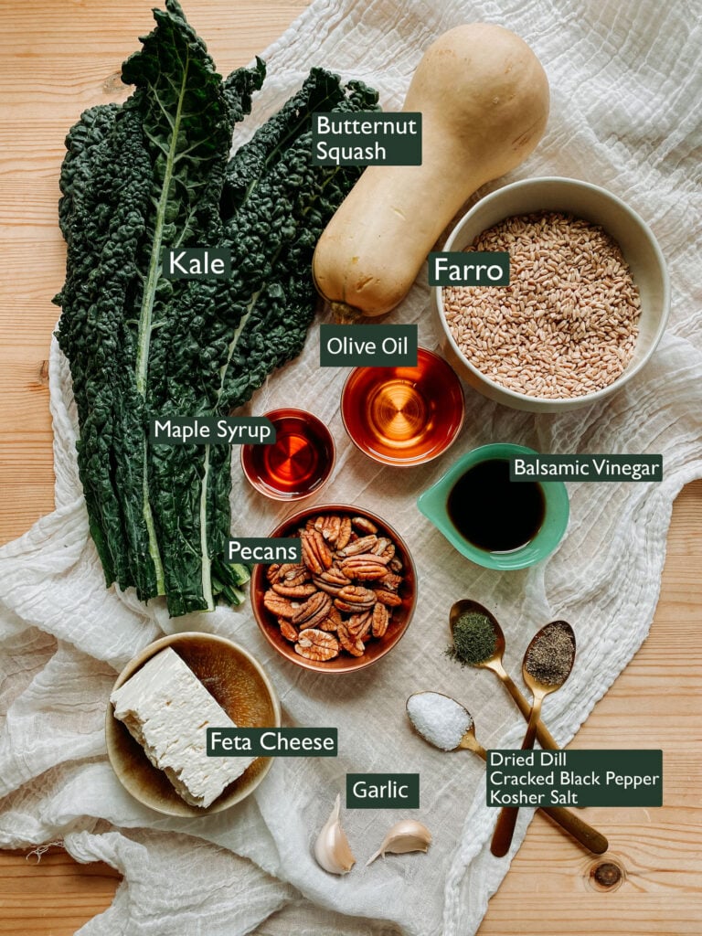 Ingredients for farro salad with butternut squash, kale, feta, pecans, olive oil, and fresh garlic arranged on a white cloth.