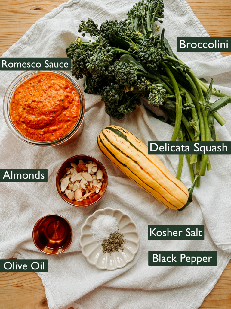 the labeled ingredients needed to make roasted broccolini and delicata squash with romesco