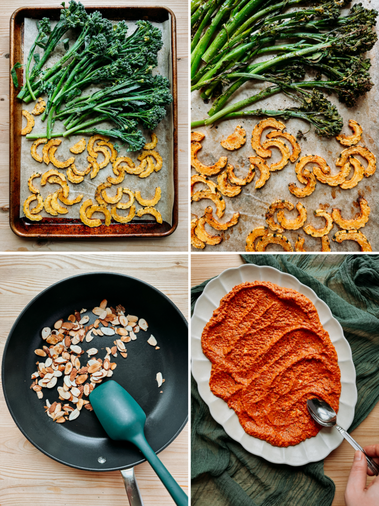 a quadrant of images showing roasted veggies, toasted almonds, and romesco sauce