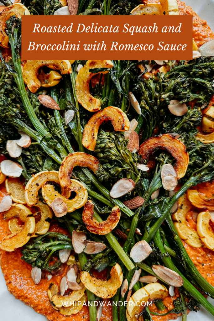 delicata squash, broccolini, and almonds on a bed of romesco sauce