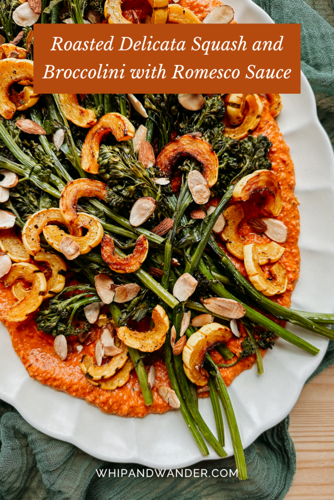 a platter of roasted veggies and romesco sauce