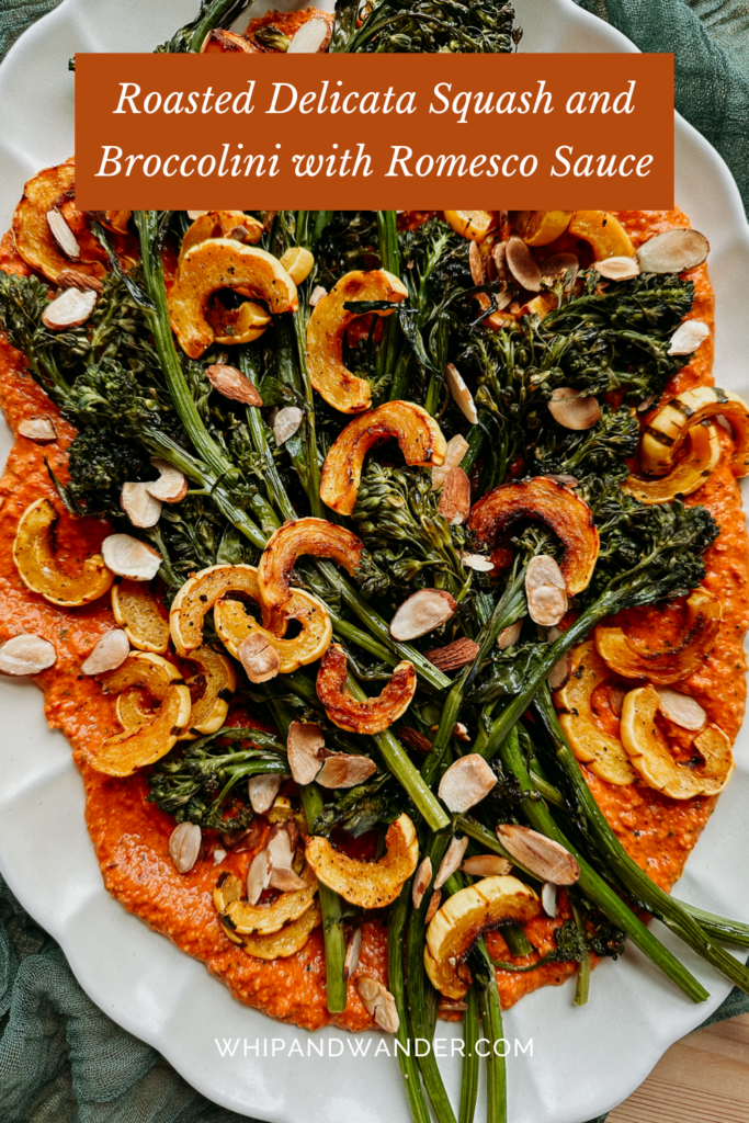 a platter of roasted winter squash, green broccolini, and red sauce
