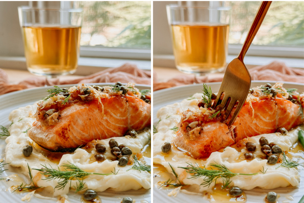two images: one showing salmon with lemon caper butter sauce and the other with a gold fork digging into it