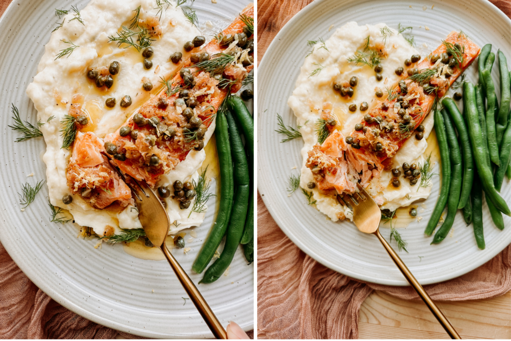 duo of images showing salmon with lemon caper butter sauce being cut into with a gold fork