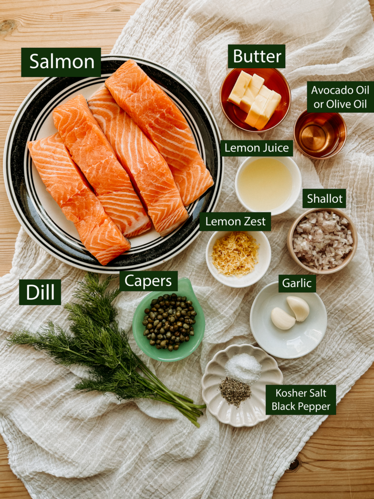 the ingredients needed to make salmon with pommes puree and haricots verts