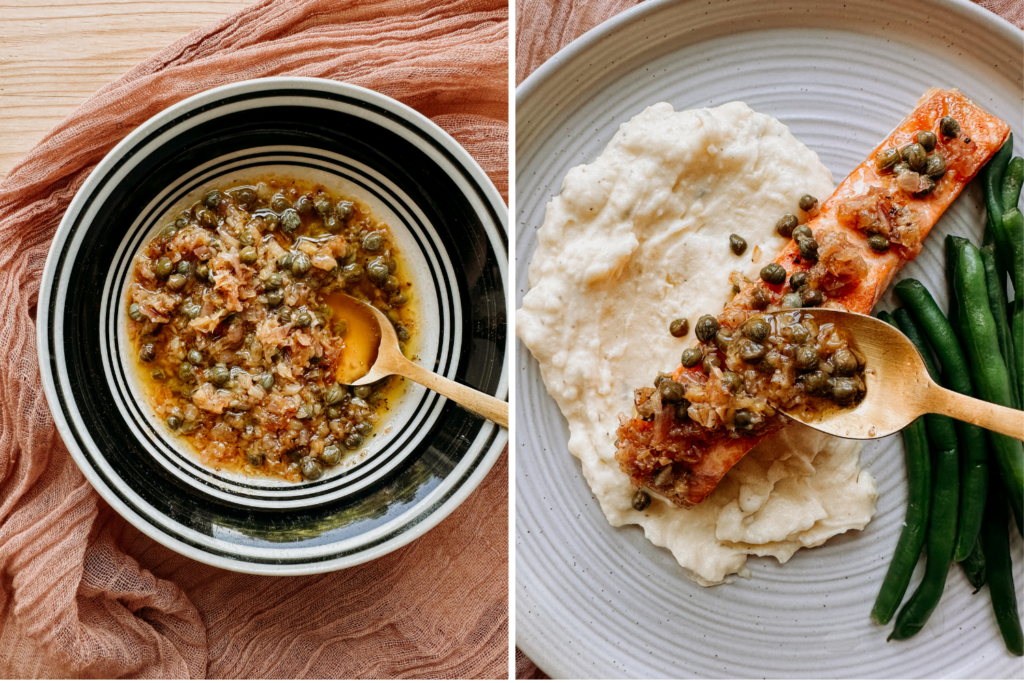 two images showing caper butter sauce and the sauce being poured over salmon