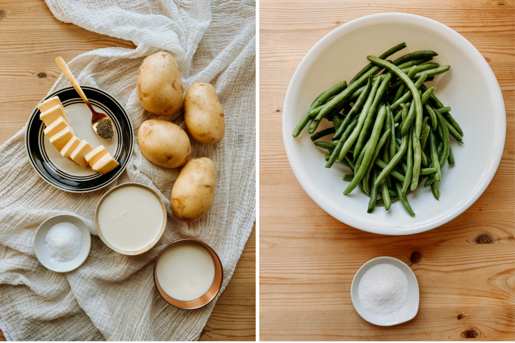 two images one showing the ingredients for pommes puree and the other showing the ingredients for blanched green beans