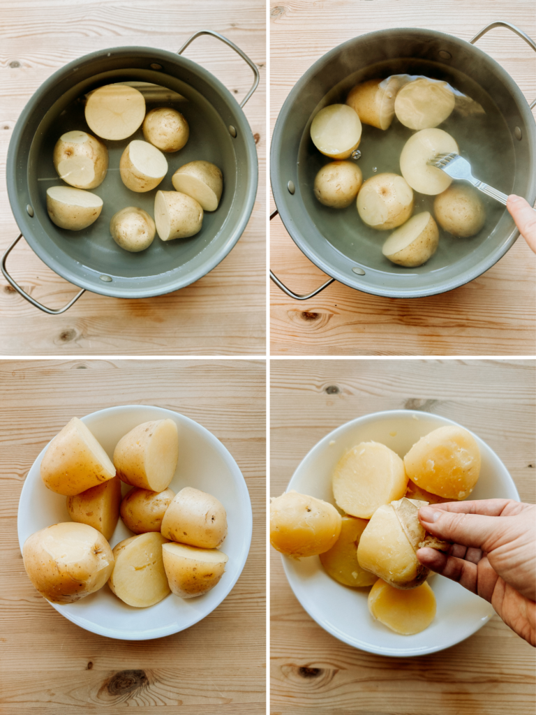 a quadrant of images showing potatoes being cooked and peeled