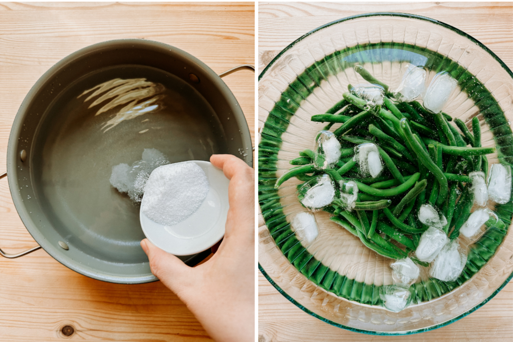 a duo of images showing a pot of water being salted and an ice bath with green beans