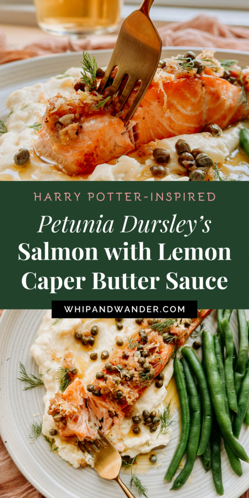 two images showing salmon with caper butter sauce, green beans, and mashed potatoes
