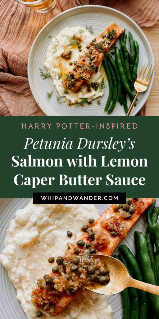 pan-seared salmon with lemon caper butter sauce, pommes puree, and green beans in two images