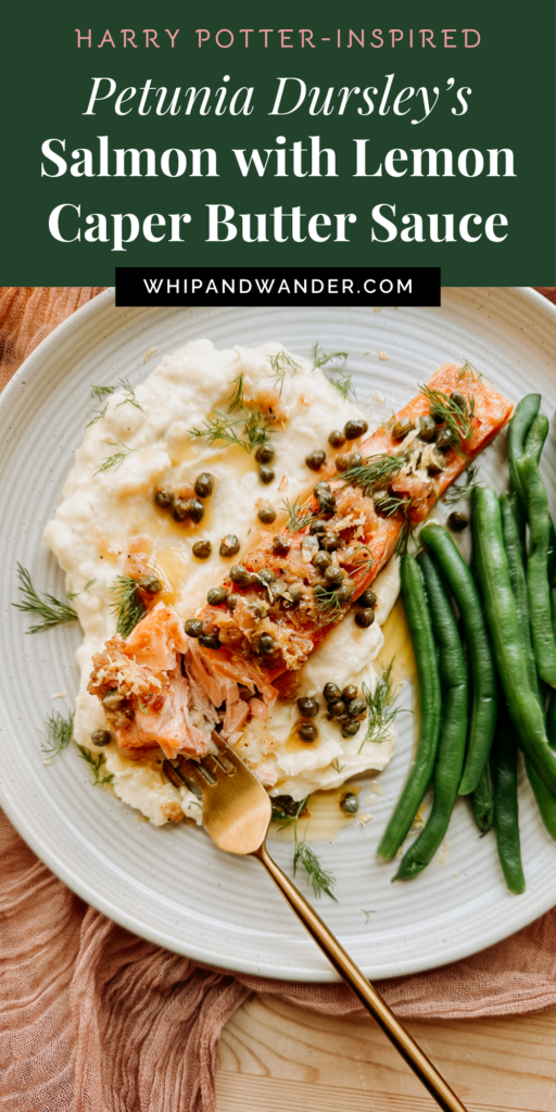 a plate with caper and lemon topped salmon, green beans, and pommes puree