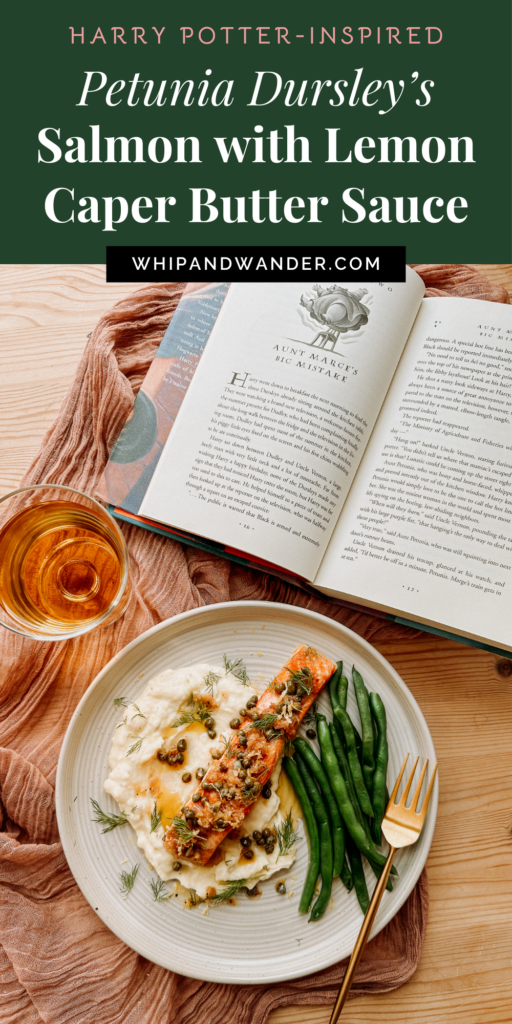 an open harry potter book resting over a plate of salmon and mashed potatoes