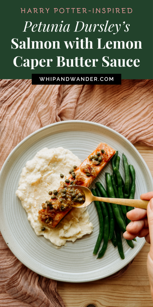 a hand pouring lemon caper butter sauce over pan-seared salmon and mashed potatoes
