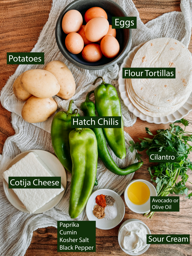 a labeled image of ingredients needed to make Green Chili Breakfast Tacos